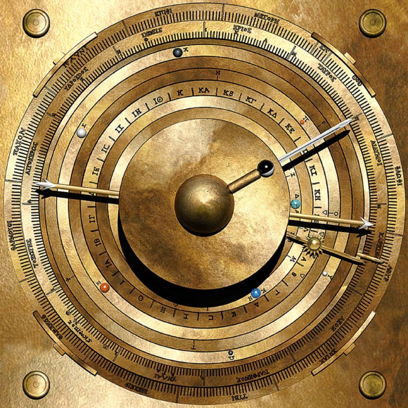 Computer model of the Antikythera Mechanism’s display: in the center, the dome of the Earth, the phase of the Moon and its position in the Zodiac -- then rings for Mercury, Venus, true Sun, Mars, Jupiter, Saturn and Date, with ‘little sphere’ markers and smaller markers for oppositions. Scale marks and index letters for the synodic cycles of the planets are inscribed on the planet rings. Surrounding these, the Zodiac and the Egyptian Calendar. The true Sun ring has a ‘little golden sphere’ with ‘pointer.’ When the Moon and Sun pointers coincide, the Moon sphere shows black for New Moon; when the pointers are on opposite sides, the Moon sphere shows white for Full Moon. The Head of the Dragon Hand shows the ascending lunar node; the Tail the descending node. Small triangles on the true Sun ring, near the pointer, show wider and narrower eclipse limits. Eclipses are possible if the Dragon Hand is within these limits. When the Moon pointer is before the Head of the Dragon, the Moon is South of the node; after, it is North of the node -- conversely for the descending node. A Date pointer is attached to a narrow date ring, showing the date in the Egyptian Calendar. Image credit: Freeth et al., doi: 10.1038/s41598-021-84310-w.